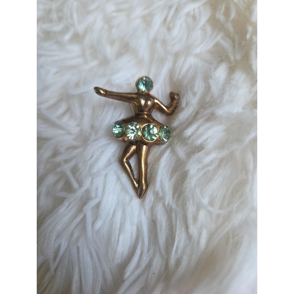 Vintage Ballerina Gold Tone Brooch Pin Light Blue Rhinestone Costume Fashion